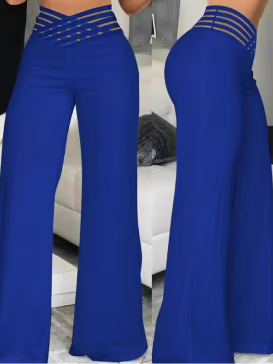 Pantalones Elegantos De Cintura Alta Y Pierna Ancha Para Mujer Casual Oficina Malla Transparente Con Cruces Ropa De Mujer - 1