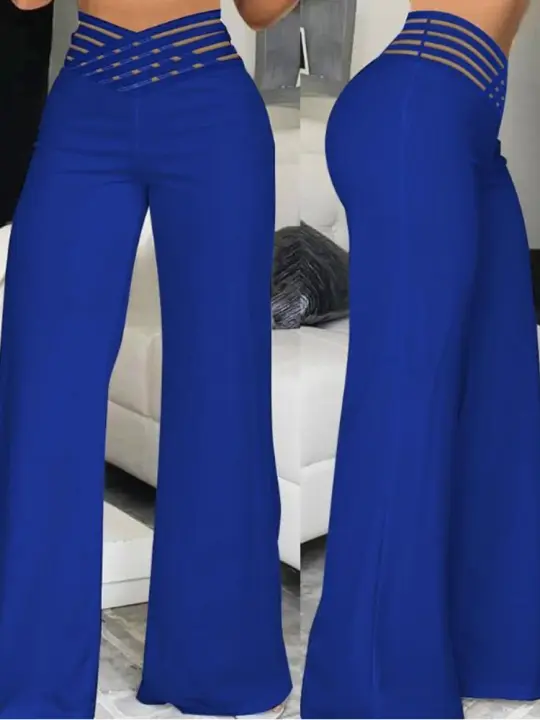 Pantalones Elegantos De Cintura Alta Y Pierna Ancha Para Mujer Casual Oficina Malla Transparente Con Cruces Ropa De Mujer - 1