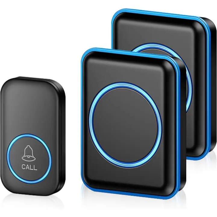 Timbre Inalámbrico Exterior Impermeable, Timbre con 60 Melodías, LED Azul Para El Emergencias Hogar Oficina Hotel, Negro Timbre Interior,1 Emisor 2 Receptor Timbre - 1