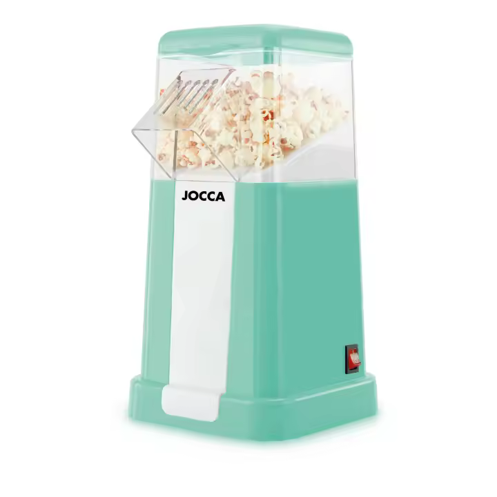 Palomitero turquesa Jocca – Palomitas en 3 minutos, sin aceites ni grasas, fácil de usar y limpiar. Botón único. Incluye vaso medidor. Diseño compacto de 28.5x16x19.5cm. Ideal para tardes de cine, saludable y práctico. 220-240V ~ 50-60Hz - 1