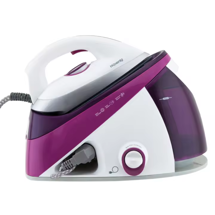 Centro de Planchado 2400 W, 150 g/m, 5.4 Bares, Suela de Cerámica “EasyGlide”, Depósito de Agua extraíble de 1.1 L, Autonomía Ilimitada, Control Manual de la Temperatura, Morado. H.Koenig_V26 - 1