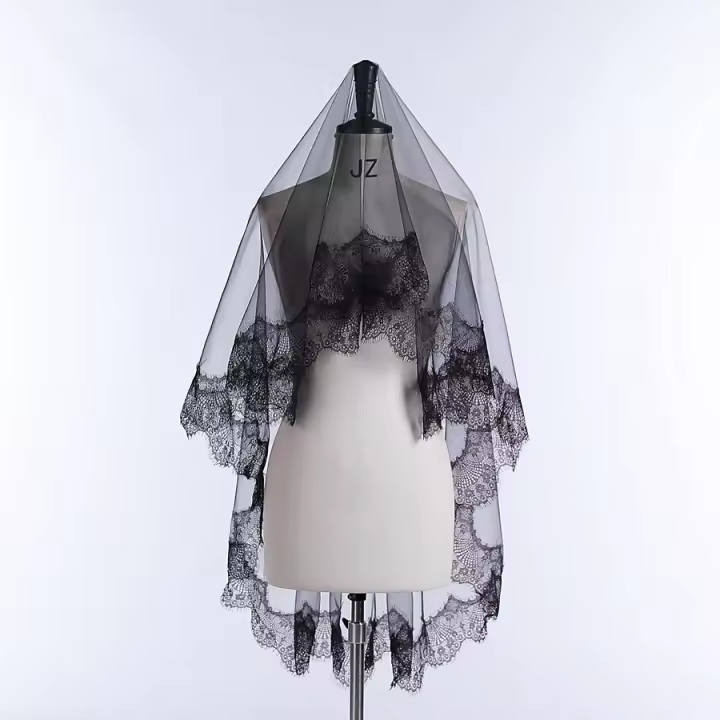 Nueva Llegada Vela De Novia Monolayer Para Mujer Y Niña Color Negro Mantilla De Boda Con Borde De Encaje Traje De Halloween De Cosplay Vestido De Novia Boda 2025 - 1
