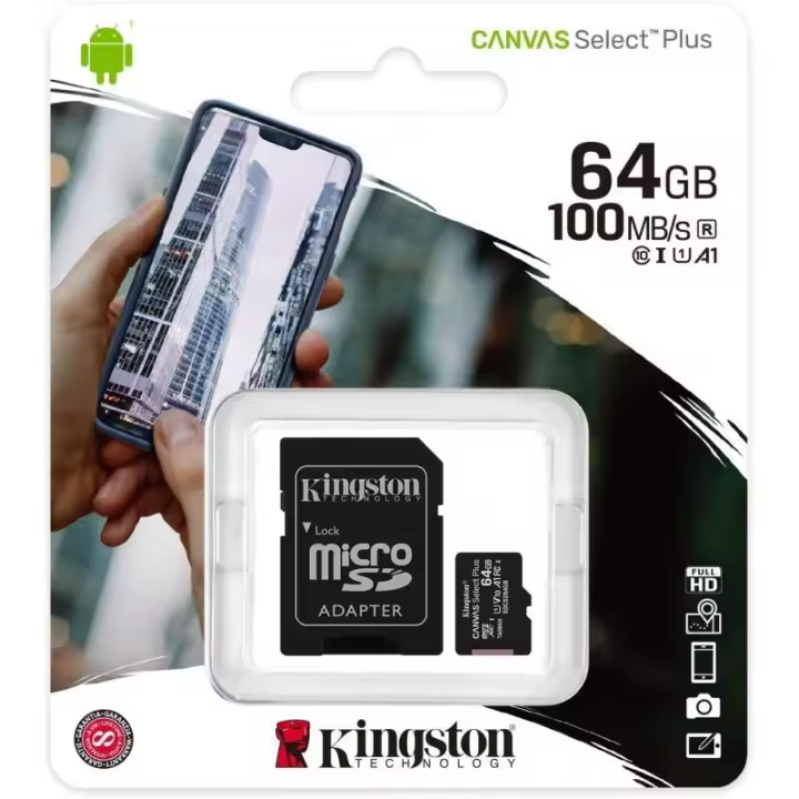 Kingston Tarjeta de Memoria Micro SD, Canvas Plus 32GB, 64GB, 128GB, 256GB o 512GB. Para teléfonos móviles, cámara fotográfica Nintendo Switch Clase 10 y velocidad de lectura de 100 MB/S. Tipo MicroSDHC y MicroSDXC - 1
