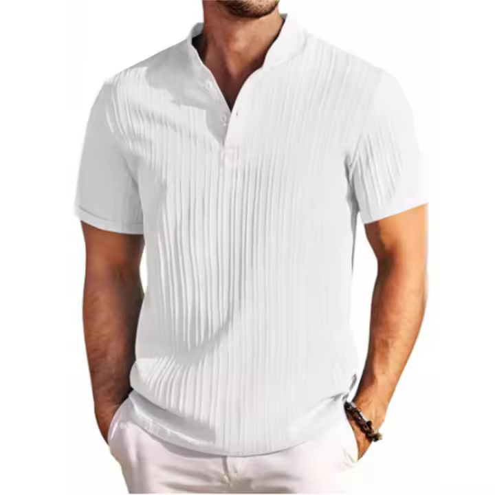 Camisa De Algodón Y Lino Para Hombre Verano 2024 Estilo Casual Con Rayas Jacquard Cuello V Corta Transpirable Y Ligera - 1