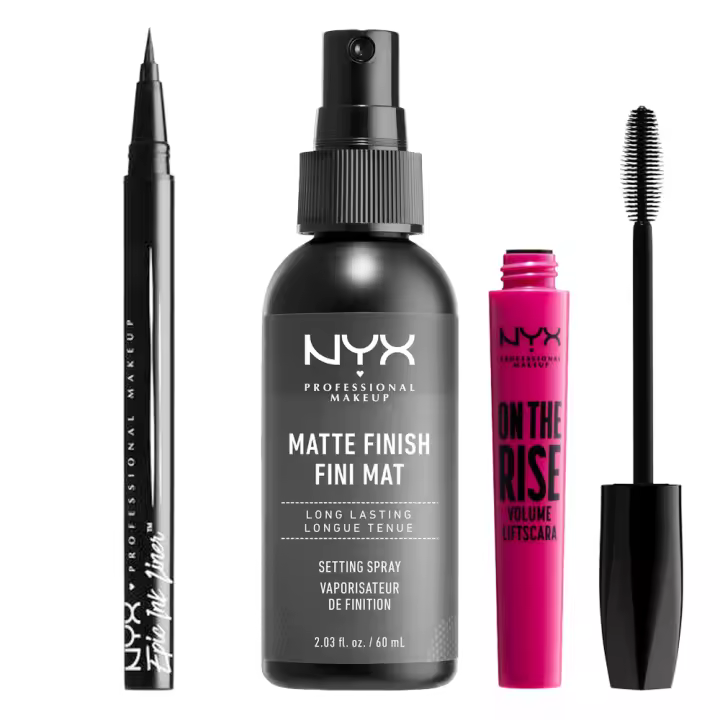 NYX Professional MakeUp | pack Eyeliner Waterproof Epic Ink Liner black + máscara de pestañas On The Rise black + Spray fijador setting Matte 60ml - 1