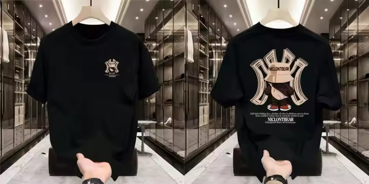 Camiseta De Algodón Grueso Para Hombre Con Estampado De Oso Violento Cuello Redondo Manga Corta Estilo Casual De Moda Americana Para El Verano - 1