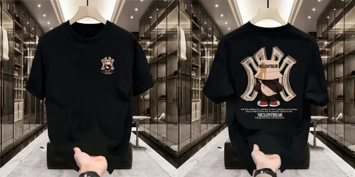 Camiseta De Algodón Grueso Para Hombre Con Estampado De Oso Violento Cuello Redondo Manga Corta Estilo Casual De Moda Americana Para El Verano - 1