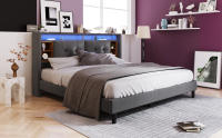 Cama tapizada Cabecero de Cama Doble with Almacén Marco de Cama with USB de carga e iluminación LED Somier de lámparas de Madera, 160*200CM Gris (with colchón) - details 0