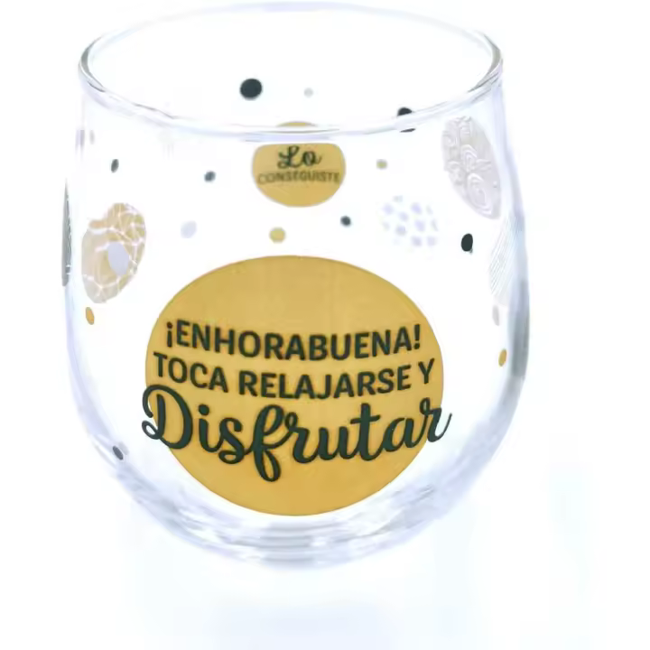 Vaso de vidrio con la frase "¡Enhorabuena! Toca Relajarse y Disfrutar" y elementos decorativos - 1