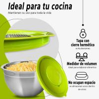 Set de 3 Boles de acero Multi-función con tapa hermética y tres Discos ralladores.  3 Tamaños   22/24/26 cm. 3 discos ( Corte plano / rallado/ juliana), 3 tapas con cierre hermético libres de BPA Selección Gourmet Tools de XSQUO Useful Tech. - details 4