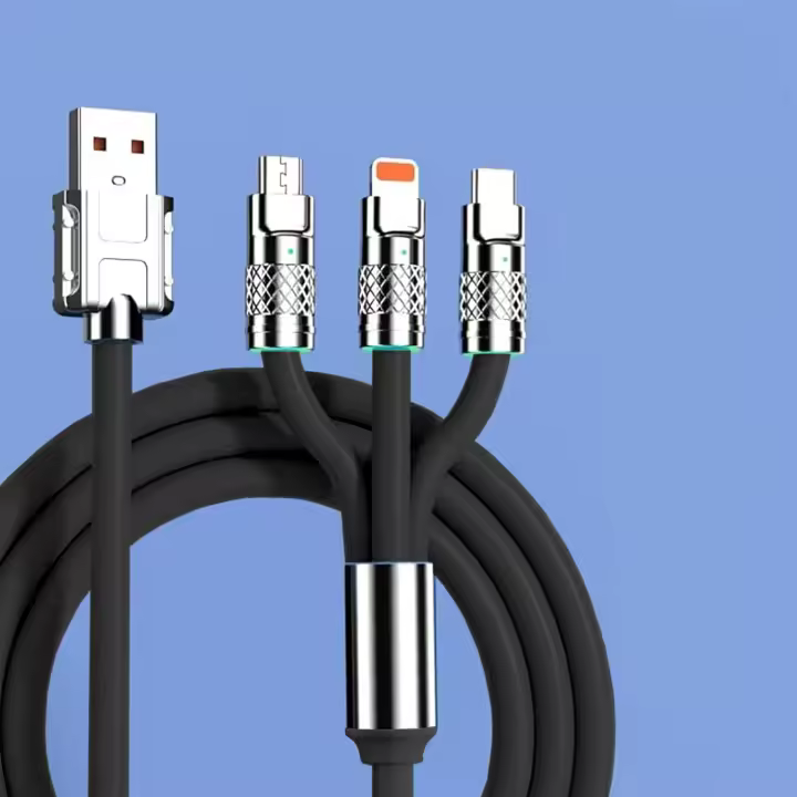 FGNS.Cable de datos carga rápida USB 3 en 1(1.2Metro), cable de datos de carga múltiple 6A/120W, carga rápida, grueso, cable de datos uno a tres adecuado para iP/Micro/USB tipo C tres interfaces - 1