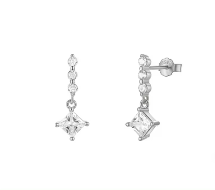 Pendientes Colgantes de Plata con Circonitas, Diseño de Tres Piedras, 7x18 mm, Ref: CHP158PENP05W - 1