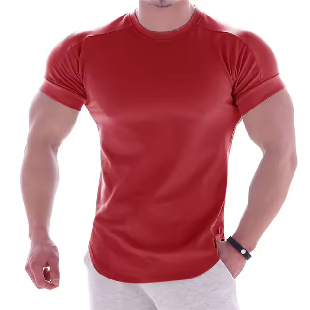 Camiseta De Verano Para Hombre Alta Elasticidad Ajustada Rápida Secado Bajo Hem Curvado Camisetas Casuales De Color Sólido Para Fitness - 1