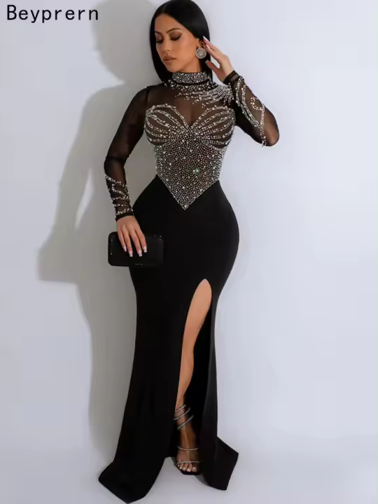 Beyprern Vestido Largo Maxi Para Mujer Con Broches De Cristal Y Abertura Alta Manga Larga Diamantes Ropa De Fiesta Para Celebridades - 1