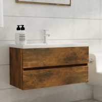 vidaXL Armario para lavabo madera contrachapada 90x38,5x45 cm en color Negro/Blanco brillante/Gris sonoma y más | almacenamiento funcional diseño moderno para baño dormitorio sala - details 8