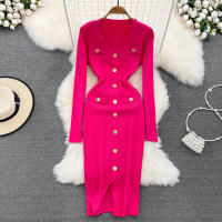 Vestido Midi De Punto REALEFT Para Mujer Con Cuello En V Manga Larga Y Falda Frontal Solta Estilo Casual Color Sólido Otoño Invierno - details 16