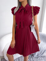 Vestido Elegante De Mujer Con Cintura Alta Y Volantes Para Primavera Y Verano Estilo Casual Collar Con Lazo Cuello Alto Y Mangas Batwing - details 10