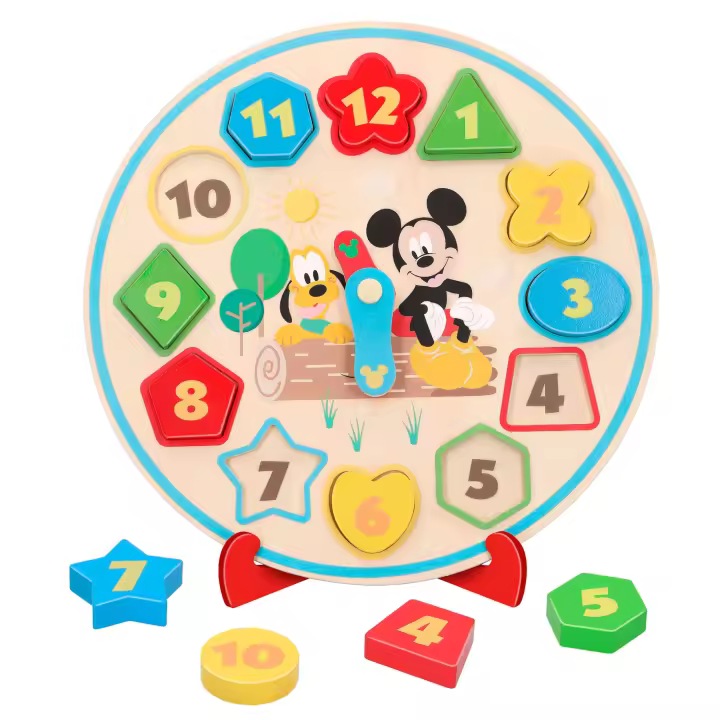 WOOMAX - Reloj didáctico de madera Disney Baby 30 cm, 15 piezas encajables, Mickey y Pluto, juguete educativo para aprender las horas, colores y formas, juega y aprende, +3 años - 1