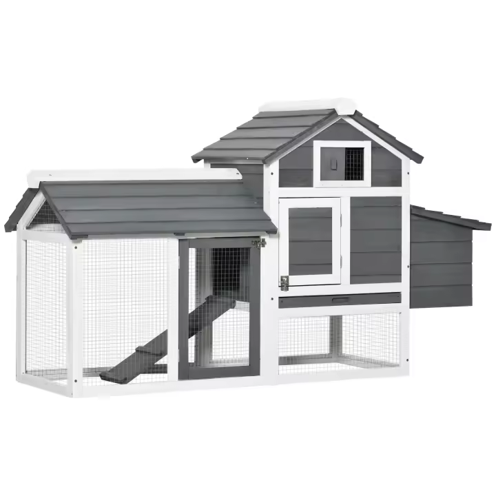 PawHut Gallinero de Madera para Exterior Jaula para 2-3 Gallineras con 2 Corrales de Alambre Techo Abrible Caja Nido Bandeja Extraíble y Rampa 150,5x54x87 cm - 1