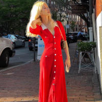 Vestido Maxi De Punto Para Mujer YuooMuoo Elegante Y Casual Con Cuello En V Y Mangas Flounce Decoración De Salida Hollow out Vestido Largo De Verano - details 2