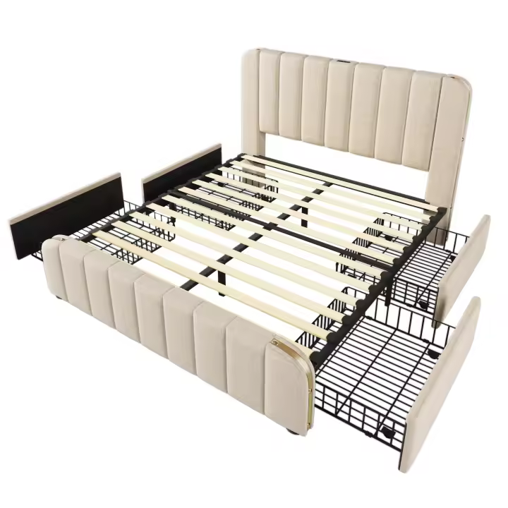 Cama tapizada Cabecero tapizado Doble with Rayas Decorativas Doradas y Carga USB Type-C 160*200 cm, material de lino beige con 4 cartones, capacidad de carga de 200 kg (sin cojín). - 1