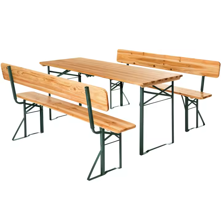 Tectake - Conjunto de muebles resistentes con revestimiento protector, Madera de abeto duradera con revestimiento repelente al agua, Conjunto de asientos estable con respaldos acoplables para hasta 8 personas, Conjunto de mesa y bancos FRANZ II, 3 piezas - 1