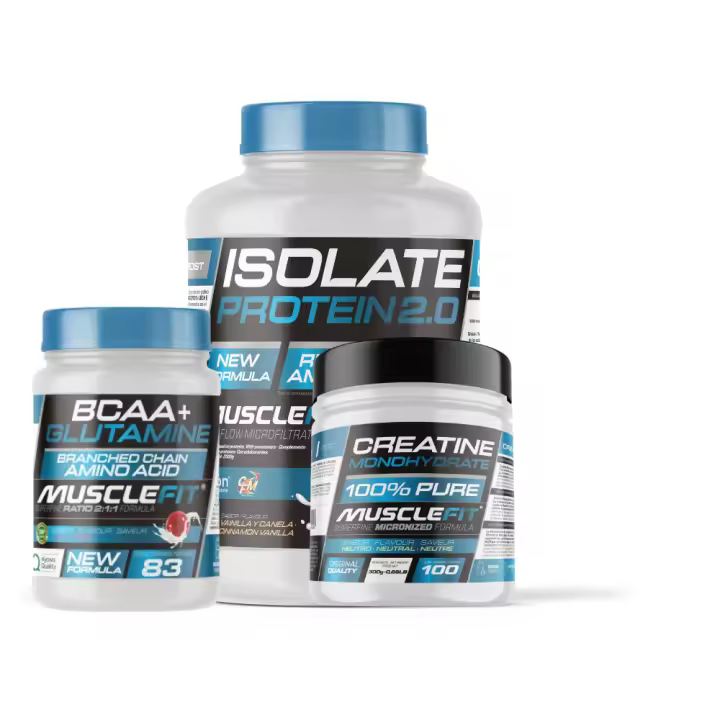 MUSCLEFIT Pack Súper Ahorro Proteína ISO 2kg + Glutamina + BCAA 500g + Creatina Monohidrato 300g - 1