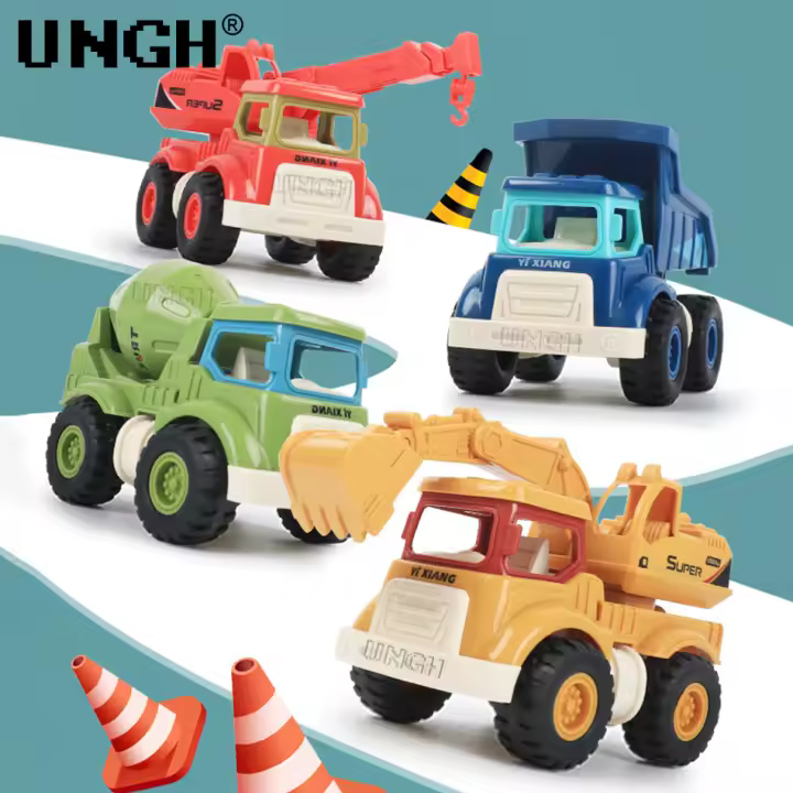 Juego De 4 Piezas UNGH Camiones De Construcción a Escala Para Niños Juguetes De Vehículos Inerciales Mini Camión Grúa Excavadora Y Remolque - 1