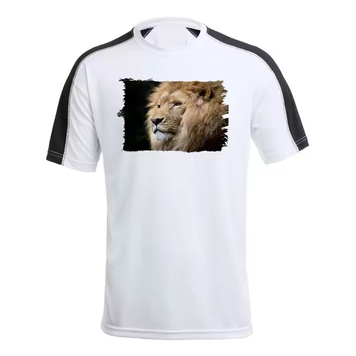MERCHANDMANIA CAMISETA TÉCNICA FRANJA MANGAS NEGRA leon majestuoso salvaje selva savana feroz fiera tshirt - 1