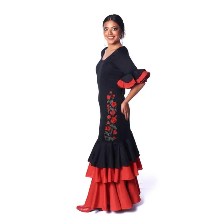 ANUKA Vestido Flamenco Negro con Flores Laterales y 3 Volantes - 1