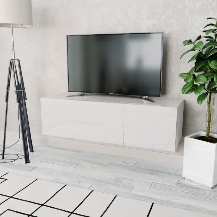 Mueble para TV madera contrachapada blanco brillo 120x40x34 cm - 1