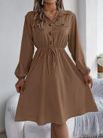 Vestido De Otoño Invierno Para Mujer Casual Color Sólido Con Botones Cuello En V Manga Larga Vestido De Camisa A-Line Longitud De Rodilla - details 12
