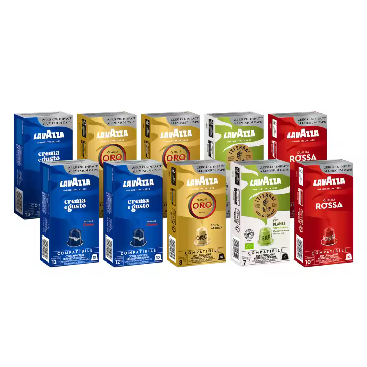 Lavazza, 100 Cápsulas de Café Compatibles con las Máquinas Nespresso* Original, 30 Cápsulas de Crema e Gusto Classico, 30 Cápsulas de Qualità Oro, 20 Cápsulas de Qualità Rossa y 20 Cápsulas de Tierra for Planet - 1