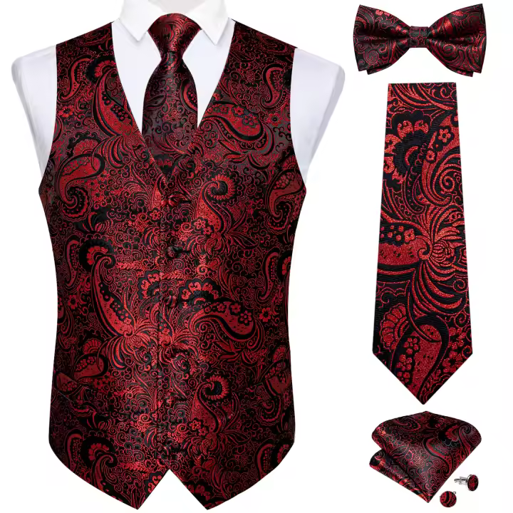Chaleco Formal Para Hombre Negro Con Paisley Cuello Con Corbata Lazo Handkerchief Cufflinks Para Boda Prom Tuxedo Vestido De Noche - 1