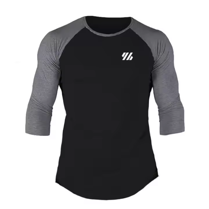 Camisa De Algodón Para Hombre Con Manga Larga Tres Cuartos Cuello Redondo Estilo Fitness Color Contraste Sportswear Para Gimnasio Y Bodybuilding - 1