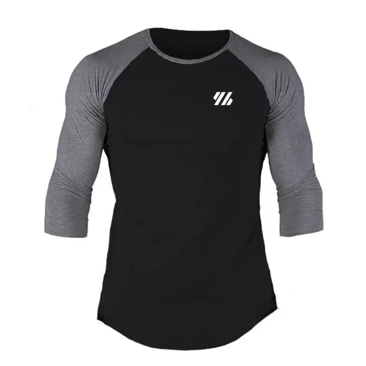 Camisa De Algodón Para Hombre Con Manga Larga Tres Cuartos Cuello Redondo Estilo Fitness Color Contraste Sportswear Para Gimnasio Y Bodybuilding - 1