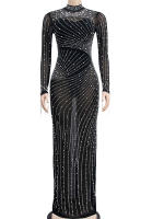 Beyprern Vestido De Noche Para Mujer Con Perlas Y Rhinestones Malla Sexy Y Club De Fiesta Largo De Piso Con Cristales Decoración - details 0