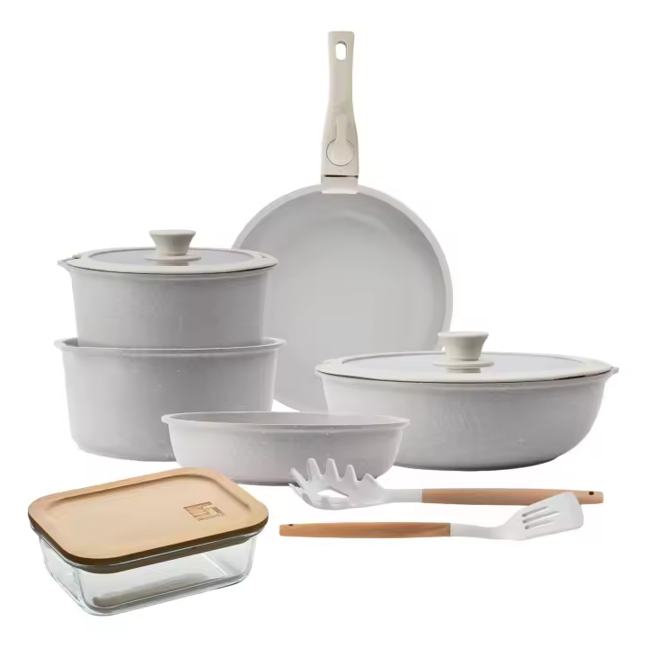 Batería de cocina 10 Pzs Beige/Mango extraíble,3 Sartenes,2 Cazos,Tapas y Utensilios+Delantal de Cocina Gris oscuro 100% Algodón 75x80cm - 1