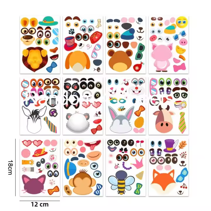 12 Hojas De Pegatinas 'Make a Face' Para Niños DIY Educativo Juguete De Reconocimiento Y Formación Animal - 1