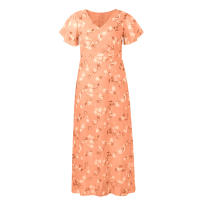 Vestido Largo De Mujer Elegante En Chiffon Floral Con Manga Corta Y Cuello En V A-Line Con Volante Y Cintura Empresarial Para Verano - details 6
