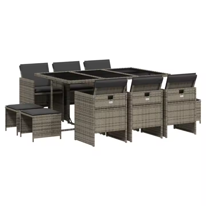 vidaXL Set de comedor de jardín 11 pzas y cojines ratán sintético gris - 1