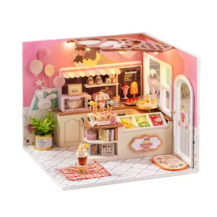 DAM. Tienda de helados Feliz. Maqueta 3D realista con gran detalle, cubierta antipolvo y luces led. 15x15x13cm. - 1