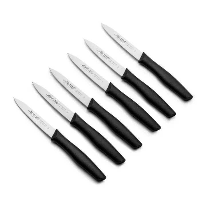 ARCOS Juego de 6 Cuchillos Mondadores con Hoja de 100mm en Acero Inoxidable y Mango de Polipropileno. Set de Cuchillos de cocina para Pelar Apto para Lavavajillas. Serie Nova. Color Negro - 1