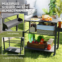 Outsunny Carrito de Parrilla de 3 Niveles Carrito de Barbacoa Carrito de Servicio con 4 Ruedas Estantes y Asa Mesa de Horno de Pizza para Jardín Patio Negro - details 4