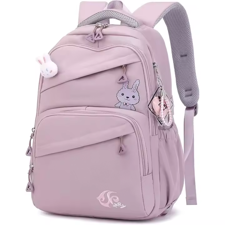 Mochilas escolares de conejito de color sólido para adolescentes y niñas, mochilas de libros para niñas de primaria con múltiples bolsillos, mochila informal para el día a día - 1