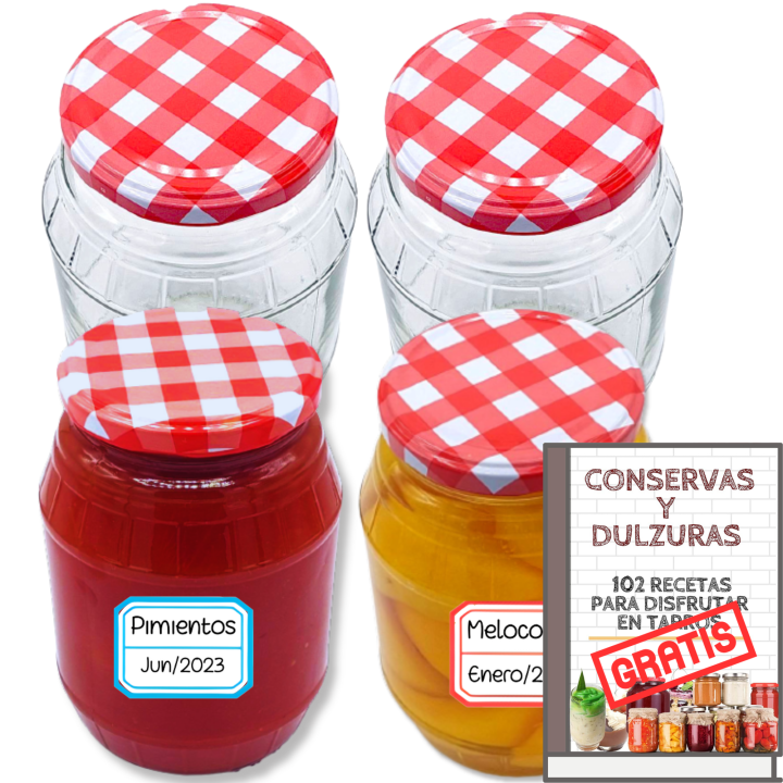 MundoTarros - Tarros de Cristal de 1000ml con Tapas + E-book con 102 Recetas para Conservas - Botes de 1 Litro con Tapa de Rosca - Cierre Hermético para todo Tipo de Alimentos Caseros - Incluye Etiquetas