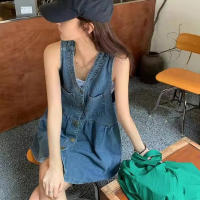 Vestido Mini De Verano Para Mujer Estilo Coreano Sin Mangas Con Tirantes Y Bolsillos Denim A-Line Solapa Suelta Vestido De Corte Vintage - details 4