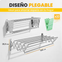 RELAXTY Tendedero de Pared Plegable - Diferentes longitudes | Extensible para Interior y Exterior con 5 Barras de Secado y Pinzas Incluidas - details 9