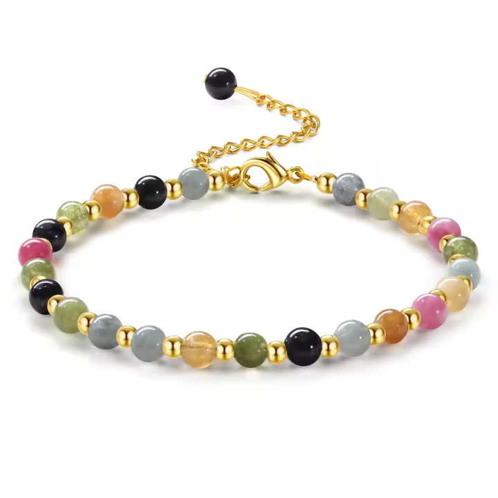 Pulsera de piedra natural para mujer, pulsera de piedra natural de 5 mm, pulsera de cuentas de acero inoxidable de 3 mm - 1