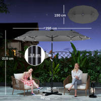 Outsunny Sombrilla Doble 295x150x219 cm Sombrilla de Jardín con Luces LED Solares Techo con Inclinación Ajustable y Manivela Manual para Patio Piscina Playa Gris - details 2